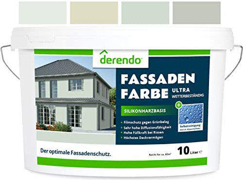 derendo Silikonharz Fassadenfarbe grün mit ULTRA Wetterschutz, 10l, Abperleffekt wie beim Lotus Blatt, inkl. Schutz vor Verunreinigungen durch die hochwertige Silikonharz-Beschichtung, (Salbeigrün)