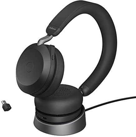 Jabra Evolve2 75 Wireless PC Headset mit Ladedock, 8-Mikro-Technologie - Dual-Foam-Stereo-Kopfhörer mit moderner aktiver Geräuschunterdrückung, USB-C Bluetooth-Adapter und MS-Kompatibilität - Schwarz