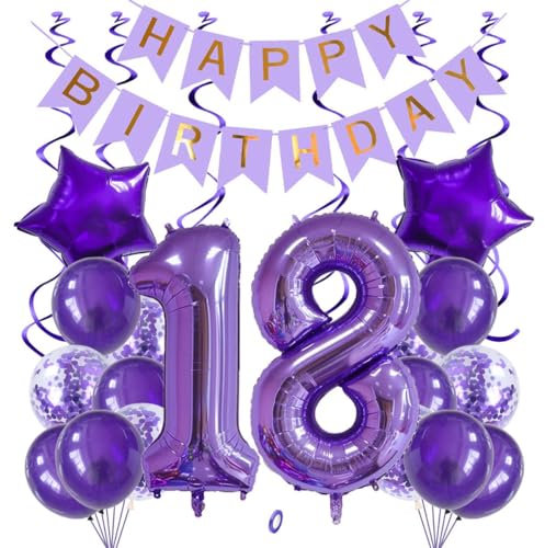 Jxuzh Set di 18 palloncini decorativi per compleanno, viola, 40 pollici, numero 18 (100 cm), colore viola, 25 pezzi, per compleanno, decorazione, palloncini ad aria/elio
