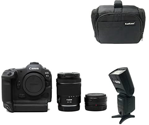 KamKorda Camera Bag + Flash + R3 Mirrorless Digital Camera + Adapter + RF 24-105mm f/4-7.1 24MP Full Frame CMOS Sensor, DIGIC X Image Processor, 0 Bit Internal Video Vertical Grip