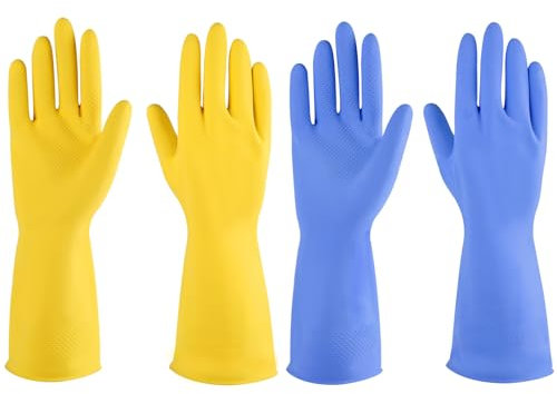 Lot de 4 paires de gants en caoutchouc réutilisables pour lave-vaisselle de cuisine, gants de nettoyage pour la maison (taille S, jaune + bleu)