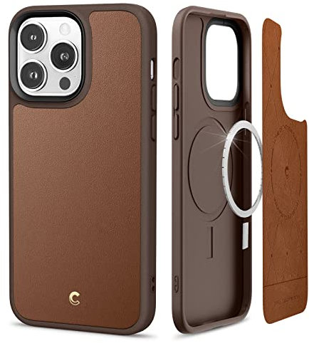 CYRILL by Spigen Kajuk Mag Case Compatible with iPhone 14 Pro Max (2022), Premium Vegan Leather and Full Body Protection Case for iPhone 14 Pro Max - Saddle Brown