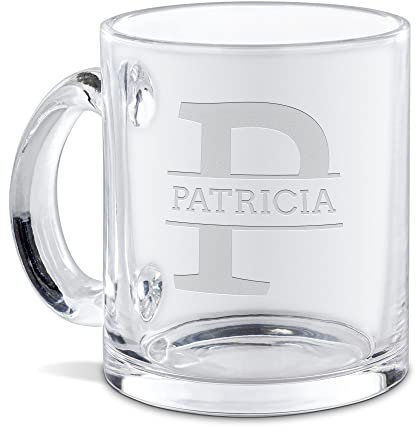 PR Print Royal Personalisierte Glastasse graviert mit Ihrem Anfangsbuchstaben P und Namen - Namenstasse graviert, Geschenkidee, Geburtstagsgeschenk | Lasergravur, Eckige Schrift, 300ml