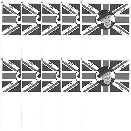 UINO Queens Platinum Jubilee Stick-Flaggen, Memories of The Queen of England Handflaggen-Set, 10 Stück, Trauernde Queen Elizabeth II 1952–2022 Stick Flags Britische Dekorationen, Schwarz und Weiß