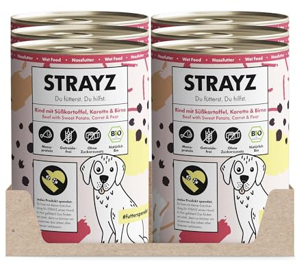 STRAYZ Bio Hundefutter Nass – Rind mit Süßkartoffel, getreidefrei | 6x400g | Fleisch von kleinen Bio-Höfen, weizenfrei, ohne Zuckerzusatz & Bindemittel, Monoprotein.