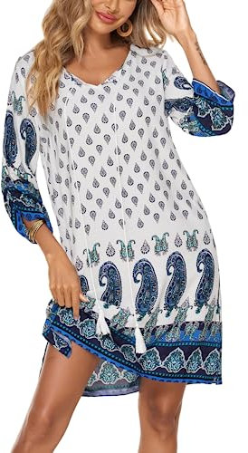 Women's Crew Neck Summer Midi Dress Casual Half Sleeve Dress Knee Length Loose Dresses Round Neck Beach Holiday Sundress Bohemian White L