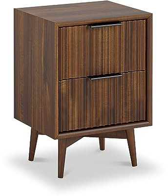 Oskar Narrow 2 Drawer Slim Grooved Bedside Table Cabinet | Roseland Furniture Contemporary Retro Walnut Stained Solid Wooden Fluted Acacia Nightstand Storage Unit for Bedroom, Hallway or Bathroom