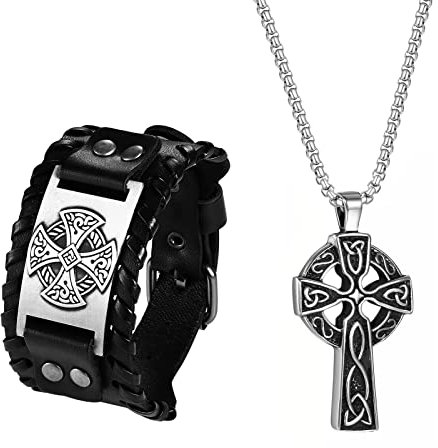Unisex Keltisches Armband Halskette Set - Schwarz Freundschaftarmband Panzerarmband Lederarmband Halsschmuck mit Anhänger 2 PCS