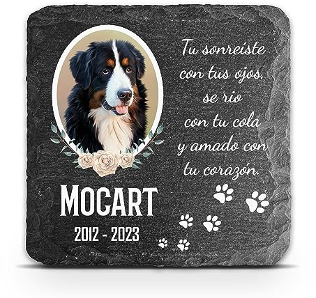 Placa Conmemorativa Cuadrada Gris Oscuro Personalizada para Mascota Gato Perro Pizarra Marcador de Tumba - Tamaño 100 x 100 mm - Marco Floral Foto