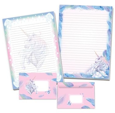 Briefpapier-Set Einhorn mit 2 Schreibblöcken und 25 Umschlägen für Mädchen Kinder Schule Pferd rosa blau (1 Block bunt und 1 Block zum Ausmalen A4 mit je 25 Blättern + 25 Briefumschläge)