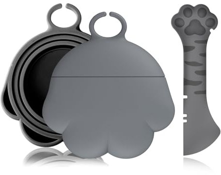 PHOGARY Silikon Dosendeckel Katzenfutter mit Löffel für Haustierfutterdosen, Deckel für Katzenfutter/Hundefutter Dosen, Universal Dosenverschluss, Haustier Futteraufbewahrung, Geschenk (Grau)