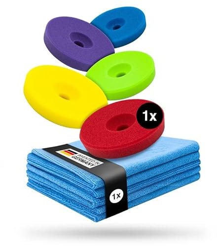Liquid Elements – Centriforce V2 Polierpads 75mm Komplettset + 5 Mikrofasertücher – Polierschwämme mit Spezial-Fräsung für optimierte Ergebnisse – abrasiv bis extrem weich (4 Stärken á 1 Stück)