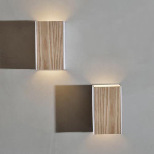 ouglres Wandlampe Holz,2pcs Led Wandlampe Schlafzimmer,Up and Down Leuchten Innen,Nordic Weiß Wandlampen,Vintage Innen Wandleuchtern für Treppenhaus,Flur,Wohnzimmer,Treppenhaus,Hotel,8w Bettlampe