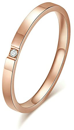 Lieson Bague Femme Acier Inoxydable, Alliance Bague Femme Zirconium Solitaire Fine 2MM Bague Anneau de Mariage/Fiançailles/d'Amitié Or Rose Taille 60