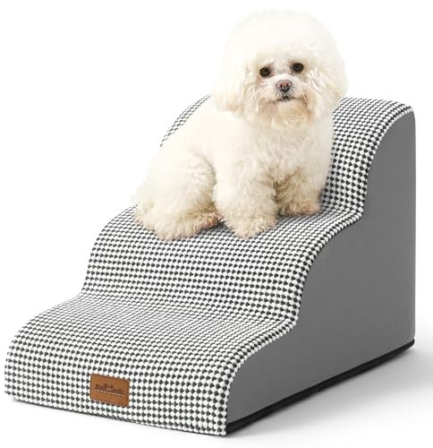 COZY KISS Escalera para Perros Pequeños, Escaleras para Mascotas de Espuma para Cama y sofá, Rampa para Gatos con Funda Lavable y Fondo Antideslizante, Ligera, 40x57x40cm, 3 Peldaños, Blanco Negro