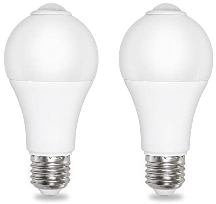 E27 12W Motion Sensor LED Light Bulbs Cool White 6000K 1000LM, A60 Shape, Detection Angle 120°, Auto On Off, AC 230V, E27 ES Screw Motion Sensor LED Bulb for Porch Ceiling Light, 2pcs