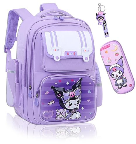 Roffatide anime kuromi kawaii sac à dos avec mignon kuromi Keychain Cartoon voyage esthétique nouveau semestre cadeau sac pour ordinateur portable sac à dos (porte - clés + portefeuille)