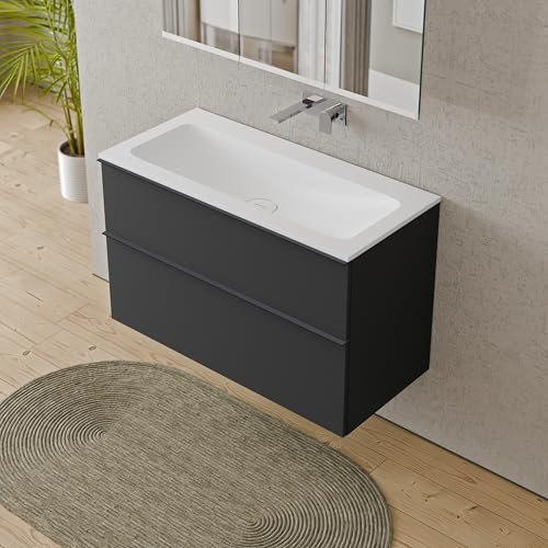 BERNSTEIN Badmöbel-Set Lavoa, Waschtisch-Unterschrank mit Waschbecken 100cm in Anthrazit - CREAM - Weiß matt ohne Hahnloch - 2 Schubladen, Griffe in Anthrazit, vormontiert, 5 Jahre Garantie