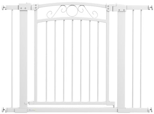 PawHut Barrera para Perros Puerta para Perros 76-104 cm Barrera de Seguridad para Perros con 2 Extensiones 7/14 cm y Doble Bloqueo para Escaleras y Puertas Blanco