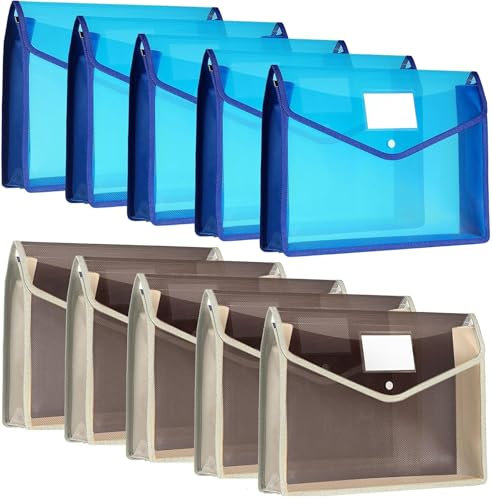 Porte Documents A4, Lot de 8 Pochette Plastique A4 Imperméable Enveloppe Transparente Chemise à Bouton Fichier Document Pochette Porte-Document pour Le Bureau, Maison, L'école, Bleu+Kaki
