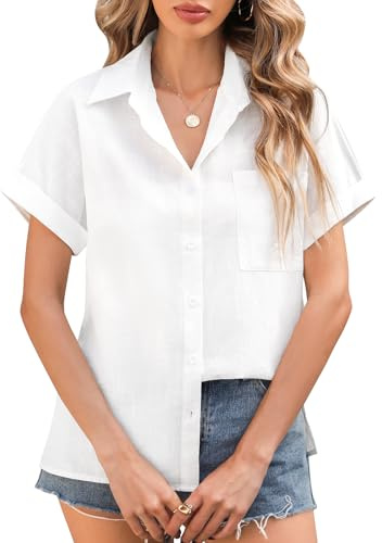 Xnova Women's Summer Blouse Short Sleeve Casual V Neck Shirts Ladies Button Down Shirt Cotton Tunic Tops for Office Work, White, L