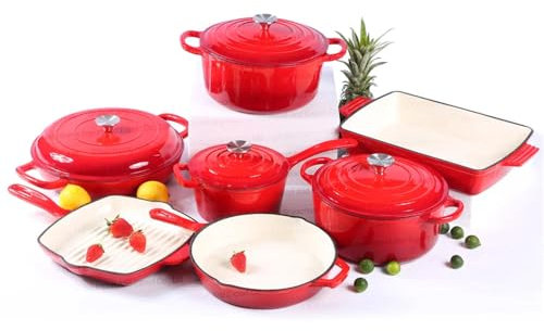 HJZSZX Enamel Cast Iron Cookware Cooking Pot Casserole Set,red,11 pc