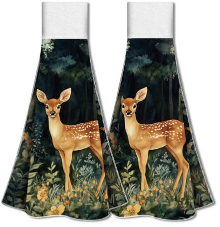 WADORN 2 Küchenhandtuch Mit Hirschmotiv Und Aufhängeschlaufe. Küchenhandtuch Mit Hirschmotiv Geschirrtücher Hirsch Tiere Weich Saugfähig Zum Aufhängen Handtücher Für Die Küche