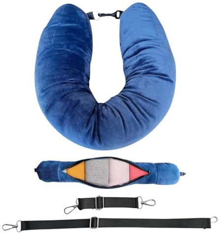 GiantGo Stuffable Travel Neck Pillow with Adjustable Straps - Fillable with Clothes for Personalized Comfort, Soft Washable Velvet Fabric, Space-Saving and Versatile Travel Companion, Blue