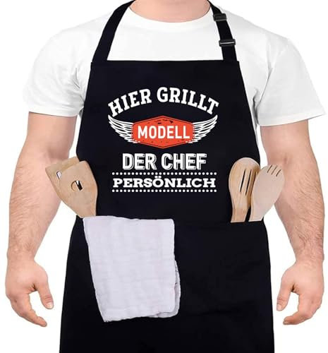 Grillschürze für Männer Kochschürze Herren Schürze lustig, Grill schürze für Männer küchenschürze Herren personalisiert Grill Schürze mit 2 Taschen Grill Schürze (HIER GRILLT DER CHEF PERSÖNLICH)