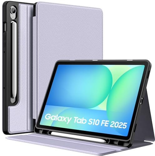 MoKo Funda para Samsung Galaxy Tab S10 Lite/ S10 FE/ S9 FE 10,9 Pulgadas 2025/2023, S9 11 2023 con Portalápices, Ligera y Delgada TPU Funda con Soporte Multi-ángulo y TPU Suave, Morado