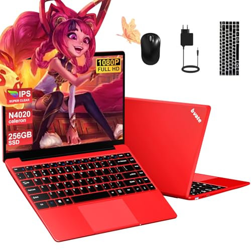 bvate PC Portatile 14 pollici Notebook Win 11 upto 2.8 GHz 256 GB ROM Supporta l'espansione SSD 1TB Celeron N4020 2.4G+5G WiFi 4.2 USB HDMI Tastiera italiana membrana mouse senza fili-Rosso