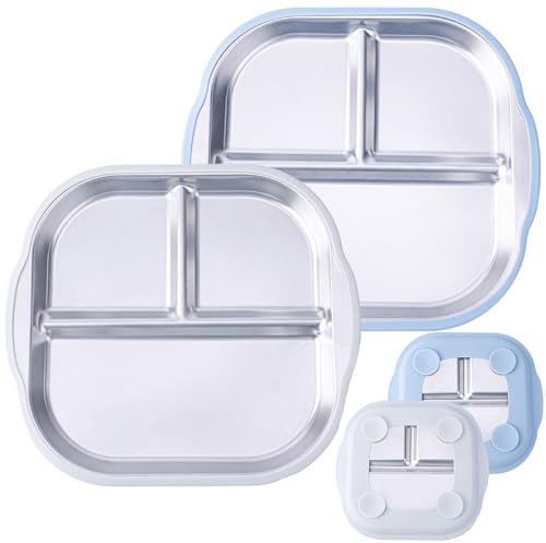 BOXOB 2 Platos de Acero Inoxidable para Bebé con Correa de Succión, 3 Compartimentos Platos Divididos Bebé Antideslizante Cuencos de Metal para Niños Pequeños, Evitar Derrames y Volteos