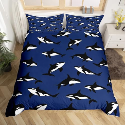 Cartoon Killer Whale Bettbezug 135x200 Ozeans Orca Bettwäsche Set für Kinder Jungen Mädchen Zimmer Dekoration,Küstenmeertier Tröster Abdeckung Nette Unterwasserwelt Bett Set Schwarz Weiß Marineblau