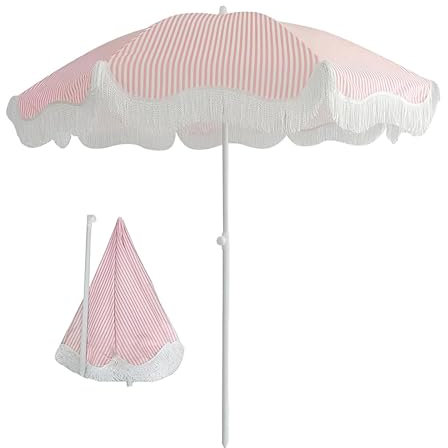 FMCAGNGAKP 180cm Strandschirm mit Fransen, Orange Gestreifter Sonnenschirm Marktschirm, Höhenverstellbarer, Neigbarer Sonnenschirm für Terrassen Garten