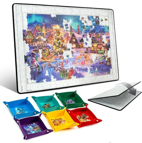 Jigpal Puzzlebrett mit 6 Sortierfächern, Faltbare Puzzlematte mit Filzbezug zur platzsparenden Aufbewahrung von Puzzles, leicht und tragbar, für Puzzles mit 1000 bis 1500 Teilen