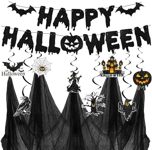 Spetsbst Halloween Deko Set Banner und Gruselig Dekostoff Schwarz Tuch | Hängedekoration Partydeko Spiralen Deckendeko Horror Glitzer Halloween Decoration für Innen und Outdoor