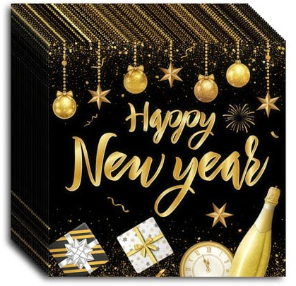 PIujsym 40 Stück Silvester Deko 2026 Servietten Silvester 33x33 cm New Year Decoration für Neujahr Tischdekoration Happy New Year Deko Set für Silvesterparty Jahreswechsel Familienfeier Schwarz
