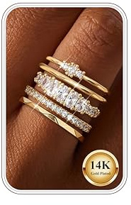Kakonia 5 Stück Ringe Gold Silber Damen Wasserfest 14K Vergoldete Ringe Set Verlobungsring Stapelringe Damenring Mit Zirkonia Engagement Statement Promise Ring Silber Goldring Schmuck G2-6