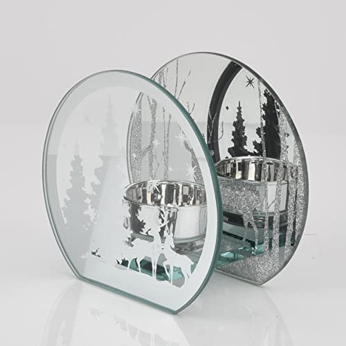 Weihnachtlicher Teelichthalter, silberfarben, verspiegeltes Glas, Rentier- und Wald-Design, Kerzenhalter für Weihnachtsdekoration, Tischdekoration für den Innenbereich, Tischdekoration oder Kaminsims