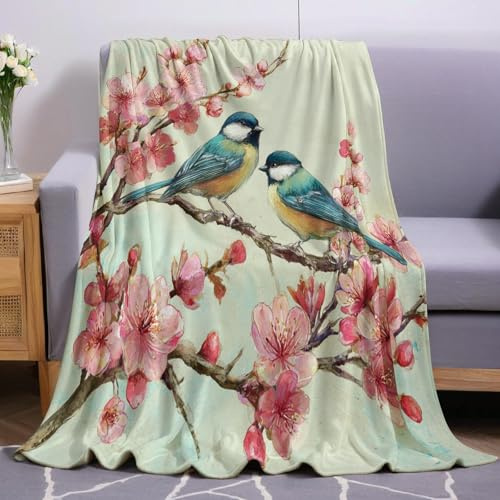 Aquarellmalerei Kuscheldecke 150 x 200 cm Blumen, Kirschblüten und Vögel Weich Warme Fleecedecke Für Bett Couch Flanelldecke Als Sofadecke Wohndecke Tagesdecke