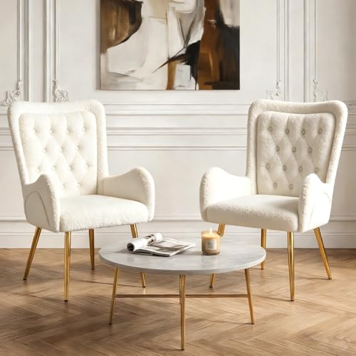 Hellove 2er Set Ohrensessel mit doppellagiger Rückenlehne – Wählbar: Teddy oder Samt – Bequemer Polsterstuhl mit goldenen Beinen – Skandinavischer Relaxsessel für Wohnzimmer, Weiß