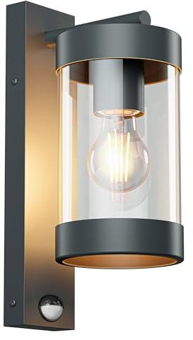 ledscom.de Außenwandleuchte LAIFA anthrazit matt, PIR Bewegungsmelder + Dämmerungssensor, Glas/Edelstahl, inkl. E27 Lampe, Energieeffizienzklasse A (warmweiß, 4,2W, 958lm)