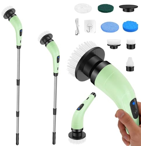 Turbo Scrub Electric Spin Scrubber, Cordless Cleaning Brush with Extendable Detachable Long Handle, 7 Replaceable Cleaning Heads, 300/400RPM 2 Speeds Bathroom Cleaning Scrubber for Kitchen & Home