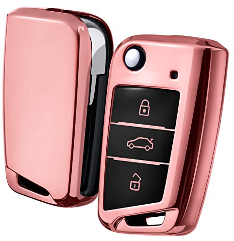 OATSBASF Autoschlüssel Hülle VW, VW Golf 7 Schlüsselhülle, Schlüsselbox Cover für VW Polo, Skoda, Tiguan, MK7 3-Tasten (Roségold)