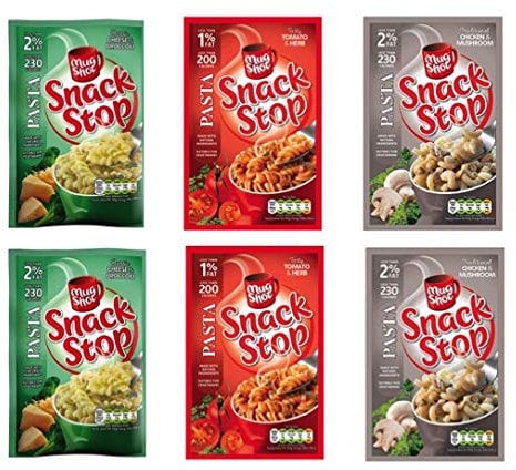 Mug Shot Snack Stop 6 Pack Bundle. 3 Flavours. 2 of Each: Chicken & Mushroom Pasta, Cheese & Broccoli Pasta; Tomato & Herb Pasta 5 Minute Instant Mug Meal