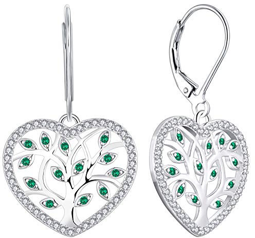 YL Boucles d'oreilles arbre de vie en argent 925 zircon cubique vert arbre généalogique boucles d'oreilles pendantes pour femmes