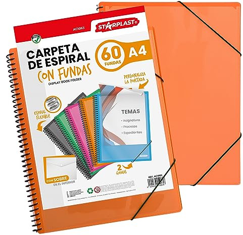 Starplast Dossier Pochettes spiralées flexibles - 60 pochettes transparentes, A4, fermeture élastique, couverture en polypropylène, personnalisable, utilisation scolaire et de bureau - orange