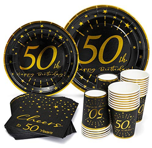 HOMIX 50th Birthday Plates and Napkins and Cups Sets Serves 30, 9 Dinner Paper Plates 7 Dessert Paper Plates 9 oz Cups 3 Ply Napkins 50th Birthday Party Supplies and Decorations for Men and Women