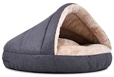 Mypado Hundebett Hundehöhle mit Kuschelfell und Dachstabilisierung für Hunde aus Synthetik in Grau