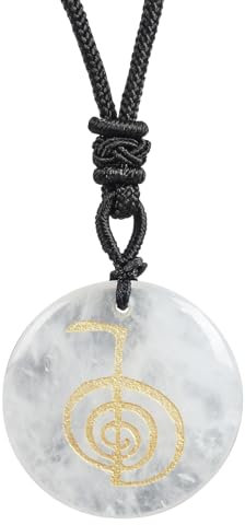 Lovionus89 Runde Stein-Glücksmünzen-Spirale Reiki-Symbol Kristallstein-Anhänger-Halskette für Männer und Frauen verstellbar 60-65 cm, Weißer Quarz